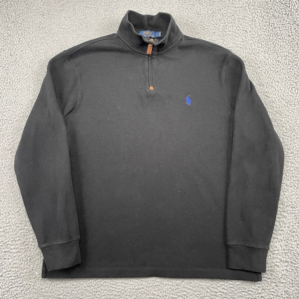 Polo Ralph Lauren Pullover Mens L Black Quarter Zip Cotton Sweater Pony Logo